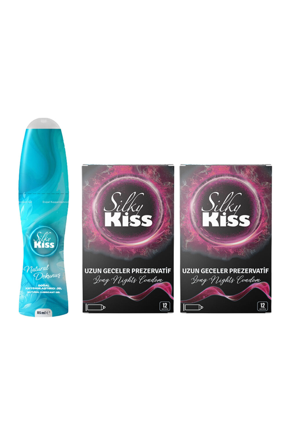 Silky Kiss Ansızın Paketi 2 - Natural Kayganlaştırıcı Jel ve 2 Kutu Uzun Geceler Prezervatif
