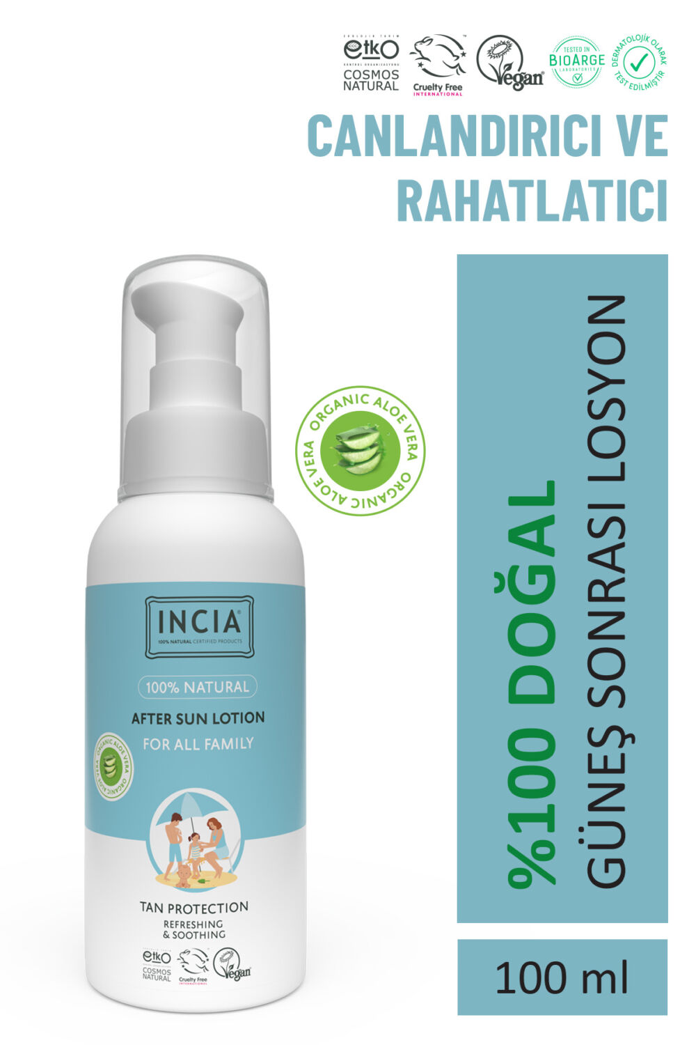 INCIA 100% Natural After Sun Losyon Güneş Sonrası Organik Aloe Vera Nemlendirici Rahatlatıcı 100 ml