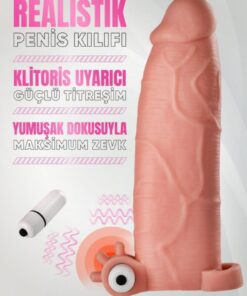 Lolita Shop Testis Tutacaklı Güçlü Titreşimli Kalın 5.5 Cm Uzatmalı Dolgulu 20 Cm Gerçekçi Dokuda Penis Kılıfı