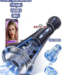 Erofoni Telefon Kontrollü Usb Şarjlı 22 Cm Emişli Titreşimli Otomatik Vakumlu 3 in 1 Mastürbatörlü Akıllı Penis Pompası