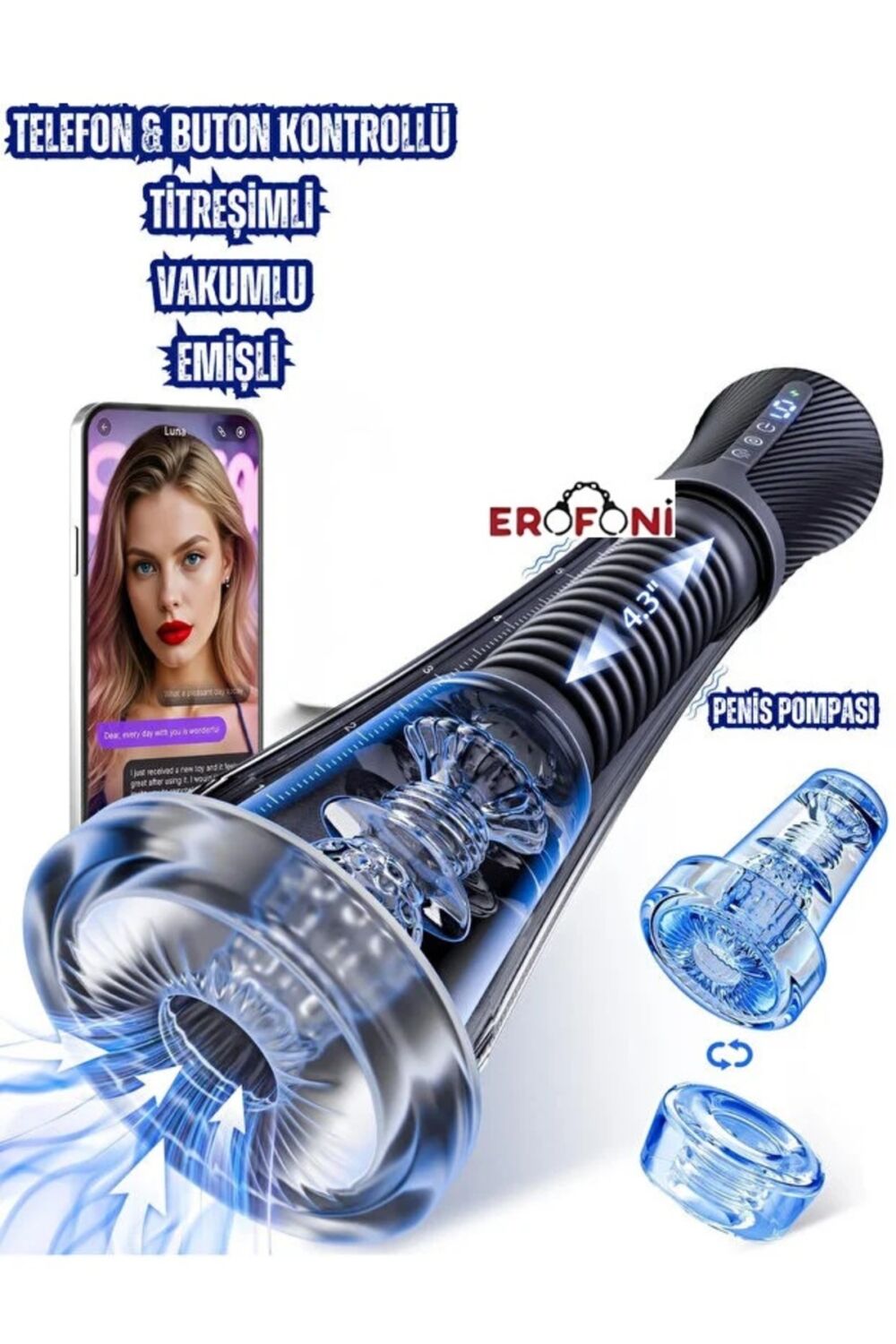 Erofoni Telefon Kontrollü Usb Şarjlı 22 Cm Emişli Titreşimli Otomatik Vakumlu 3 in 1 Mastürbatörlü Akıllı Penis Pompası