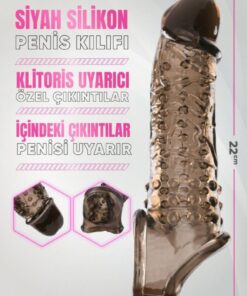 Lolita Shop Uzatmalı 3.5 Cm Dolgulu Uyarıcı Tırtıklı Siyah Silikon Dokuda 22 Cm Testise Tutacaklı Penis Kılıfı