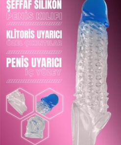 Lolita Shop Dolgulu Uyarıcı Tırtıklı Şeffaf Mavi Silikon 4 Cm Uzatmalı 21.5 Cm Testise Geçirmeli Penis Kılıfı