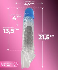 Lolita Shop Dolgulu Uyarıcı Tırtıklı Şeffaf Mavi Silikon 4 Cm Uzatmalı 21.5 Cm Testise Geçirmeli Penis Kılıfı - Görsel 3