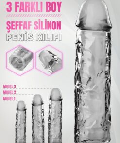 Lolita Shop Şeffaf Uzatmalı Dolgulu 3'lü Esnek Yüksek Kaliteli Silikon Dokuda Prezervatif Penis Kılıfı Seti