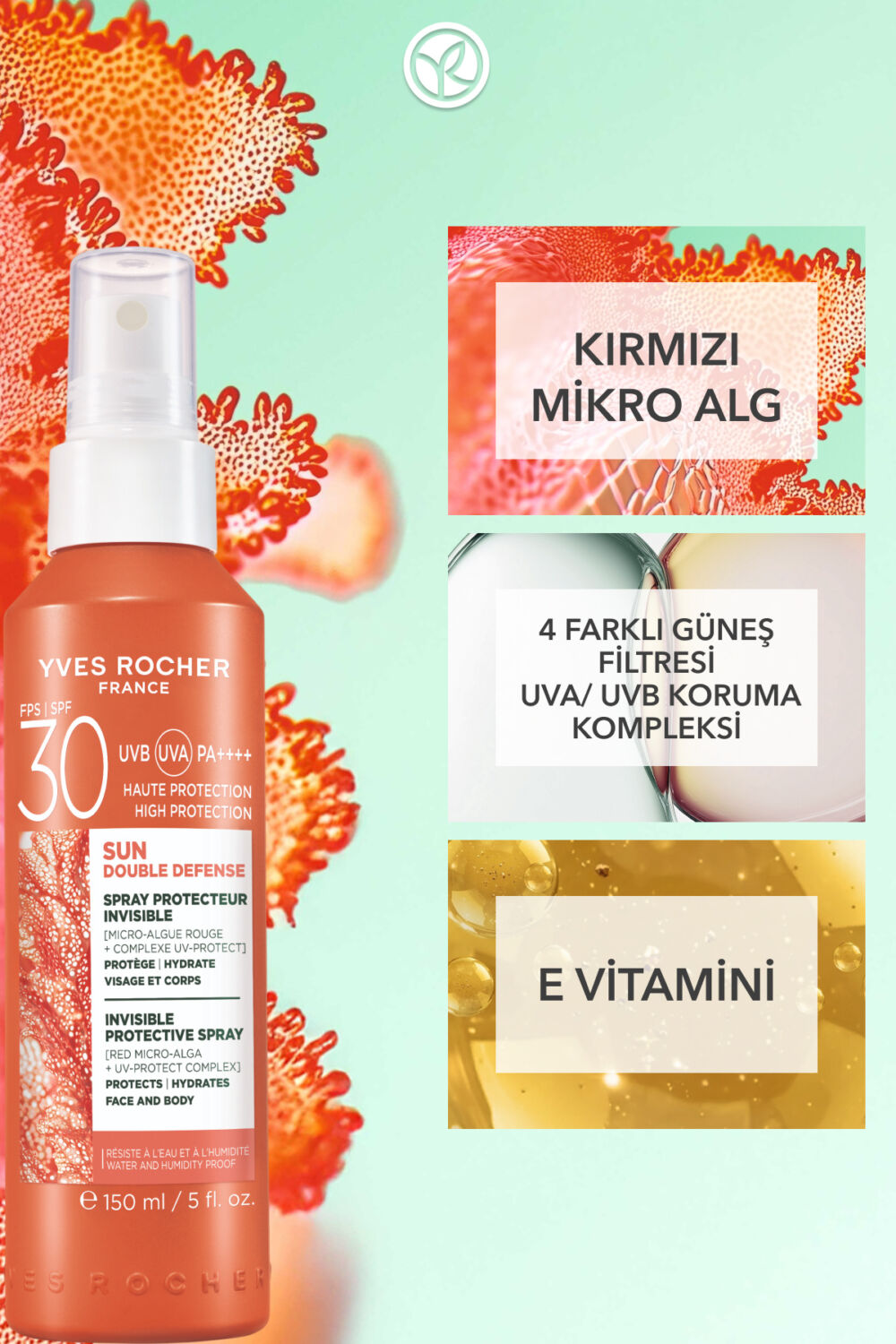 Yves Rocher Yüz &Vücut Güneş Spreyi - SPF 30 / Sun Double Defense - Kırmızı Mikro Alg 150ML - Görsel 3