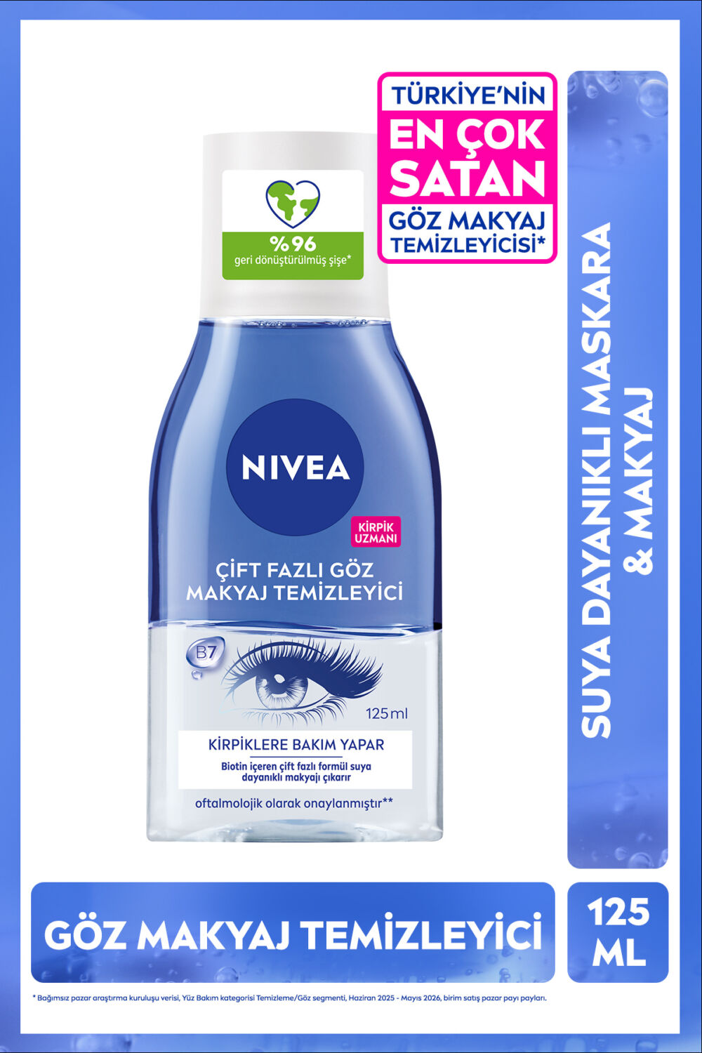 NIVEA Çift Fazlı Göz Makyaj Temizleyici 125 ml,Biotin,Kirpik Bakımı,Suya Dayanıklı Maskara ve Makyaj