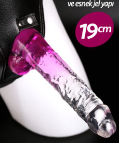 FEMSTAR Ultra Yumuşak Şeffaf 19 Cm Jel Dokuda Mor ve Şeffaf Çift Renkli Strapon Kemerli Penis Takma Dildo