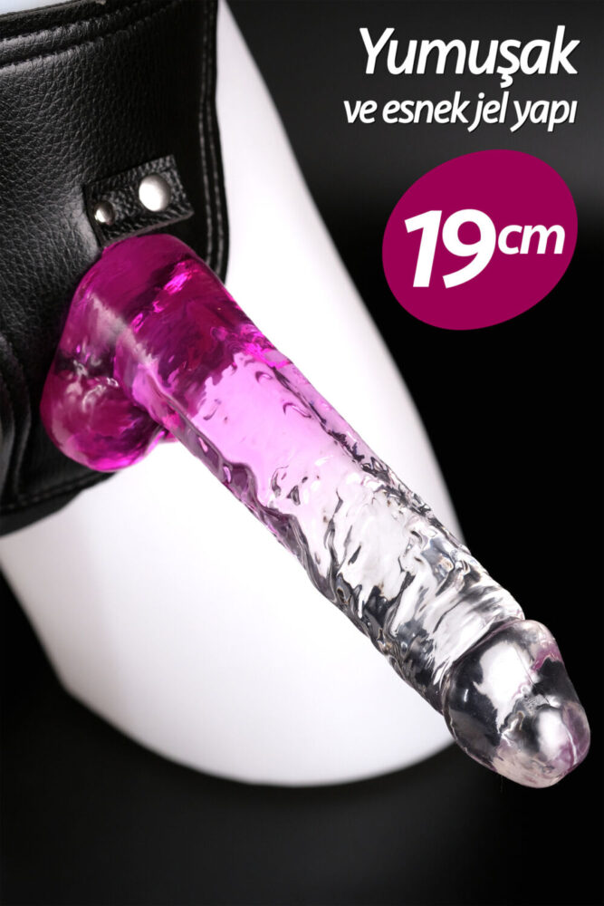 FEMSTAR Ultra Yumuşak Şeffaf 19 Cm Jel Dokuda Mor ve Şeffaf Çift Renkli Strapon Kemerli Penis Takma Dildo