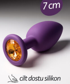 FEMSTAR 7 cm Yüksek Kalite Mor Silikon Taşlı Anal Plug Küçük Gold Taşlı Mücevherli Alıştırıcı Tıkaç