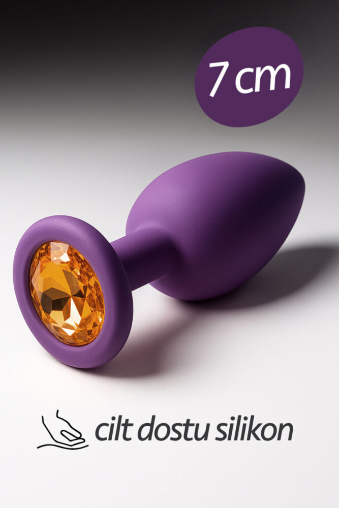 FEMSTAR 7 cm Yüksek Kalite Mor Silikon Taşlı Anal Plug Küçük Gold Taşlı Mücevherli Alıştırıcı Tıkaç