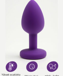 FEMSTAR 7 cm Yüksek Kalite Mor Silikon Taşlı Anal Plug Küçük Gold Taşlı Mücevherli Alıştırıcı Tıkaç - Görsel 3