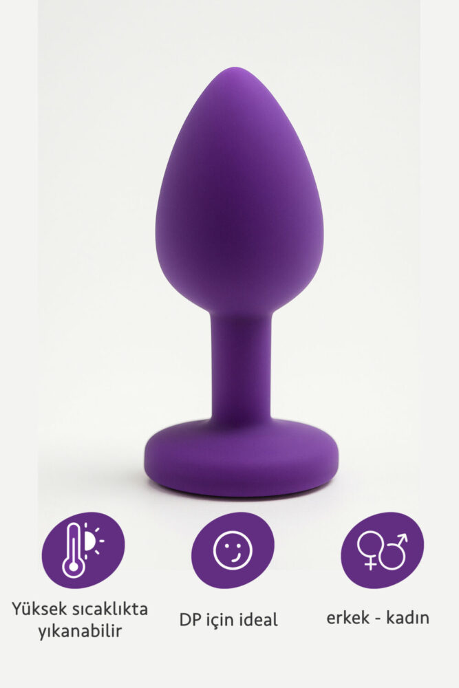 FEMSTAR 7 cm Yüksek Kalite Mor Silikon Taşlı Anal Plug Küçük Gold Taşlı Mücevherli Alıştırıcı Tıkaç - Görsel 3
