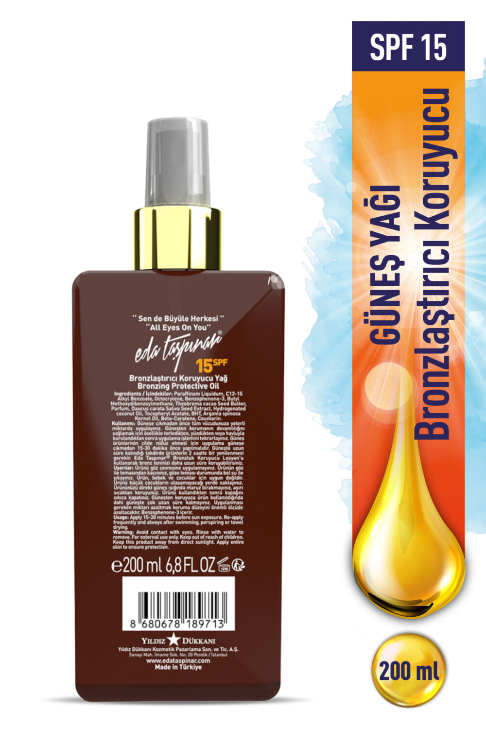 Eda Taşpınar Sprey Kapak Bronzlaştırıcı Koruyucu Yağ SPF 15 – Kolay Uygulama & Bronz Görünüm 200 ml - Görsel 2