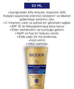 Bioder Yaşlanma Kırışıklık ve Leke Karşıtı El Kremi 50 Ml - Kolajen Q10 Arbutin C Vitamini SPF 15 Alkolsüz - Görsel 2
