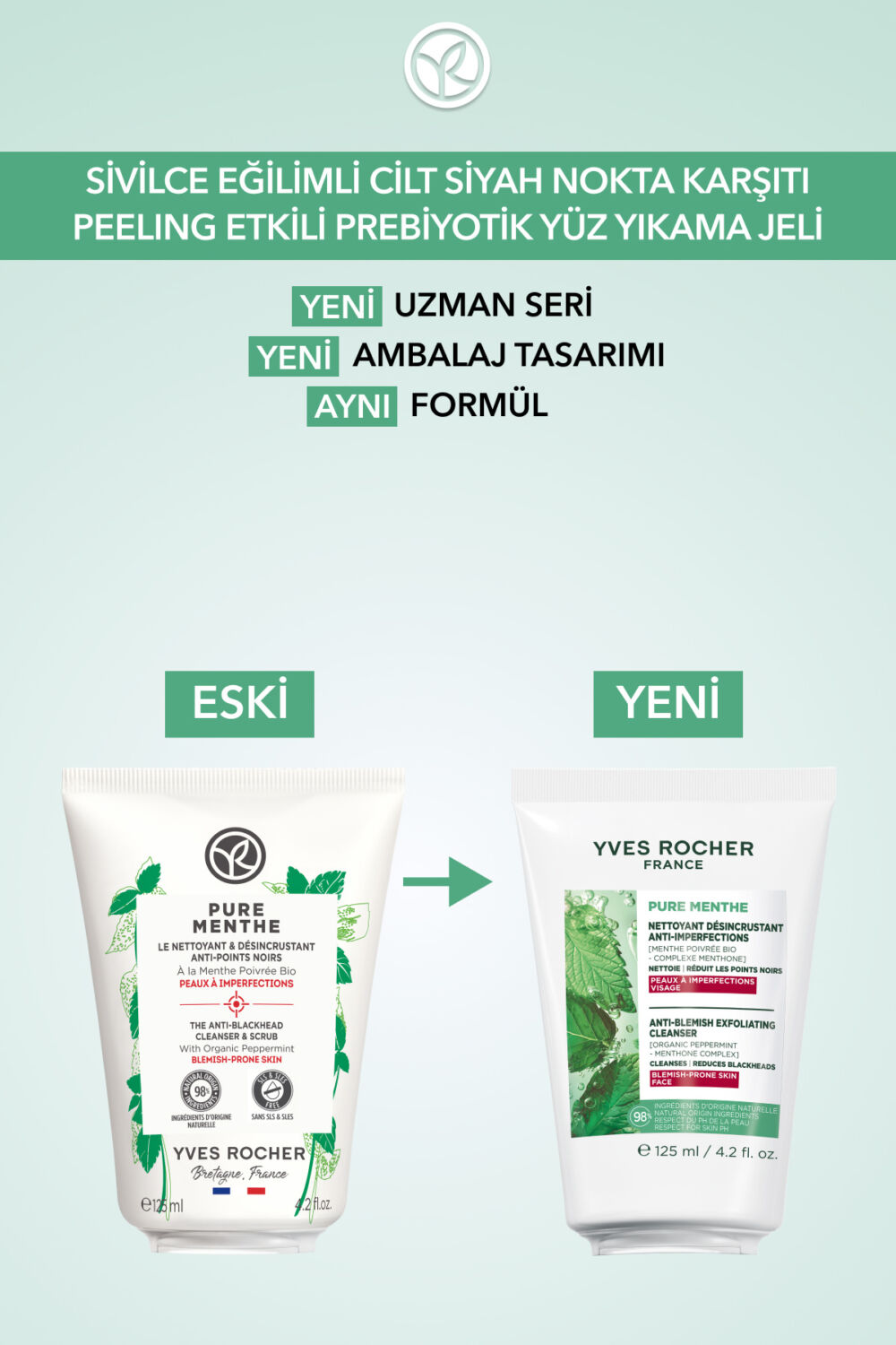 Yves Rocher Siyah Nokta Karşıtı Peeling Etki Yüz Yıkama Jeli-Sivilce Eğilimli-Pure Menthe Botanik Kompleks 125ml - Görsel 3