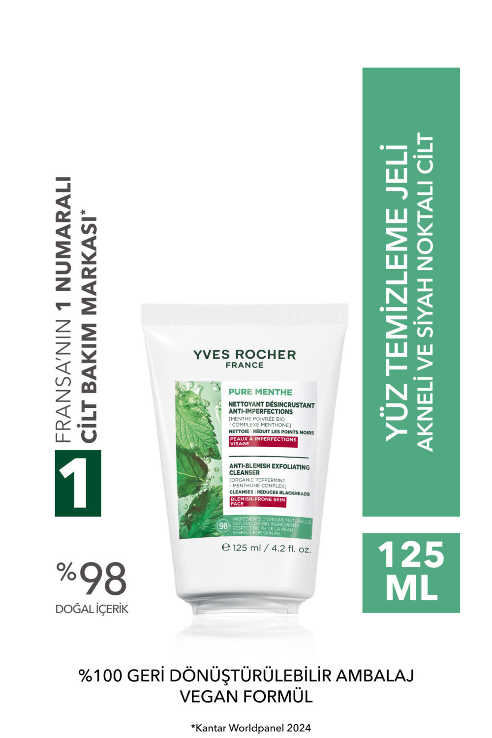 Yves Rocher Siyah Nokta Karşıtı Peeling Etki Yüz Yıkama Jeli-Sivilce Eğilimli-Pure Menthe Botanik Kompleks 125ml