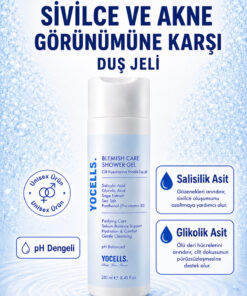 YoCells Akne ve Sivilce Görünümüne Karşı Duş Jeli – Sırt, Göğüs, Kalça | Salisilik Asit + Glikolik Asit, pH Dengeli, Unisex 250 ml