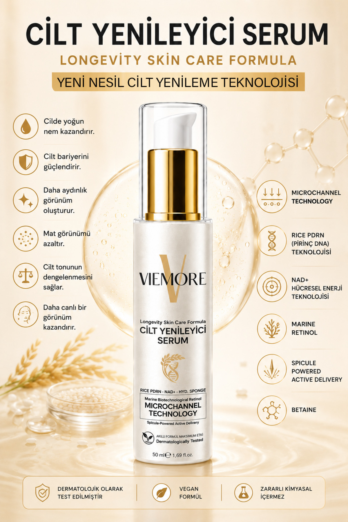 Viemore Cilt Yenileyici Serum 50 ml | PDRN (Pirinç DNA) + NAD+ + Marine Retinol | Microchannel Technology | Nemlendirici, Aydınlatıcı ve Cilt Bariyeri Güçlendirici Bakım Serumu 50 ML