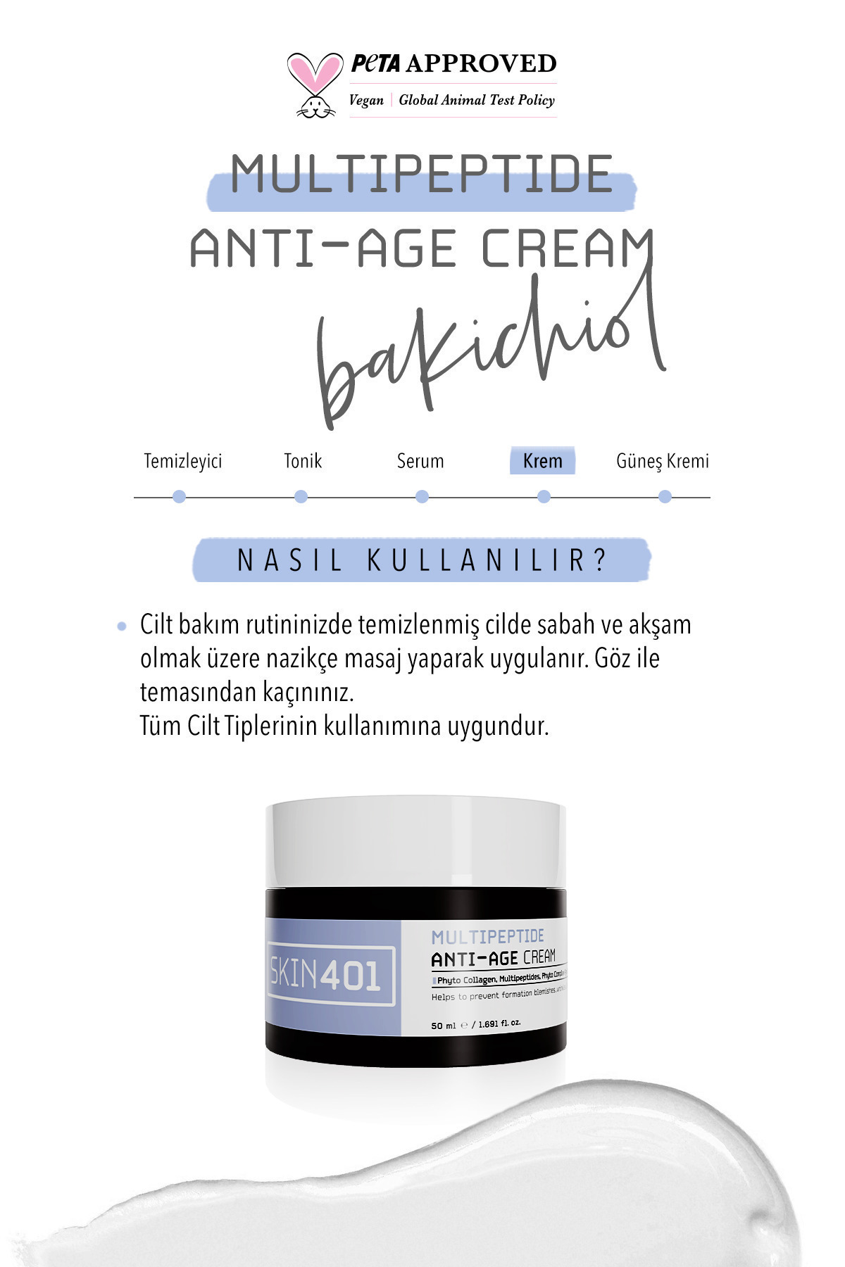 Skin401 Multipeptitler, Kolajen Ve Bakuchiol Ile Yaşlanma Ve Kırışıklık Karşıtı Bakım Kremi 50ml (SU BAZLI) - Görsel 3