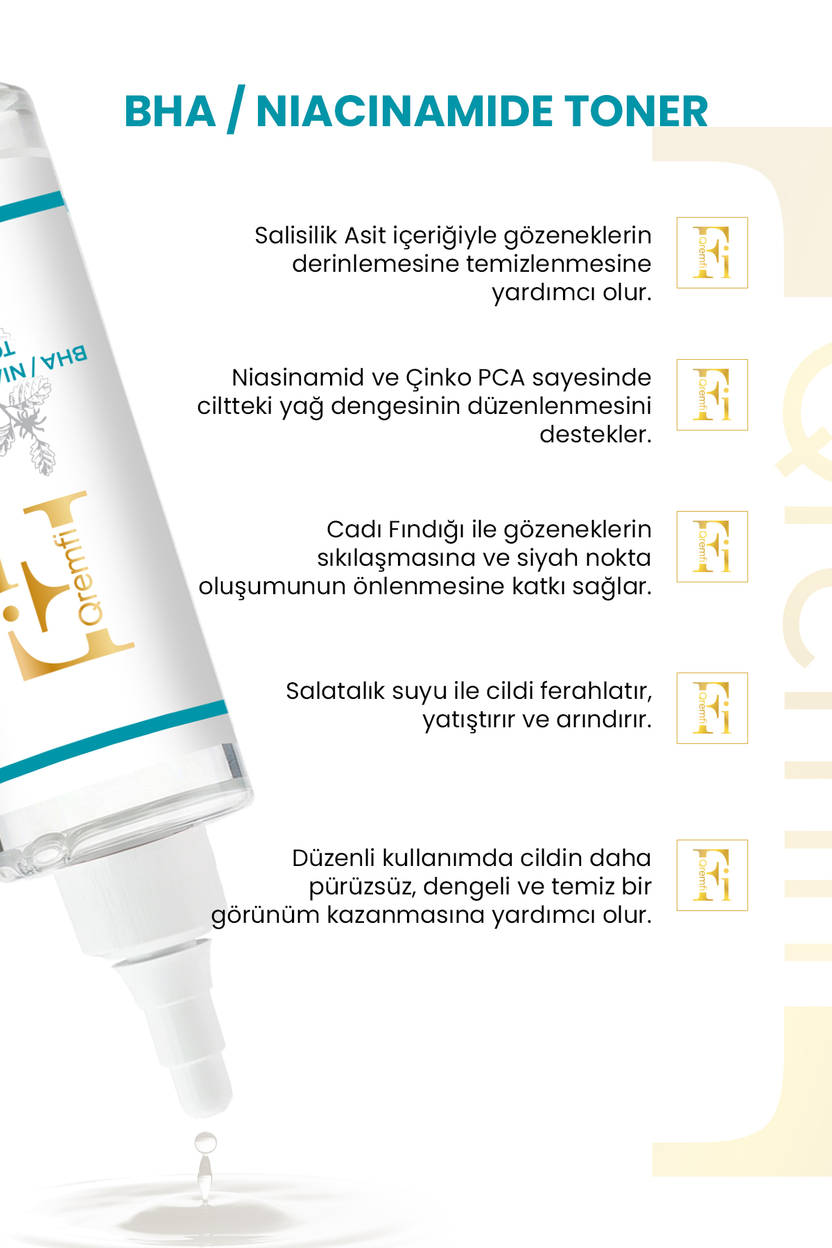 Qremfi Akne Karşıtı Gözenek Sıkılaştırıcı BHA Salisilik ve Niacinamide Tonik 200 ml - Görsel 2