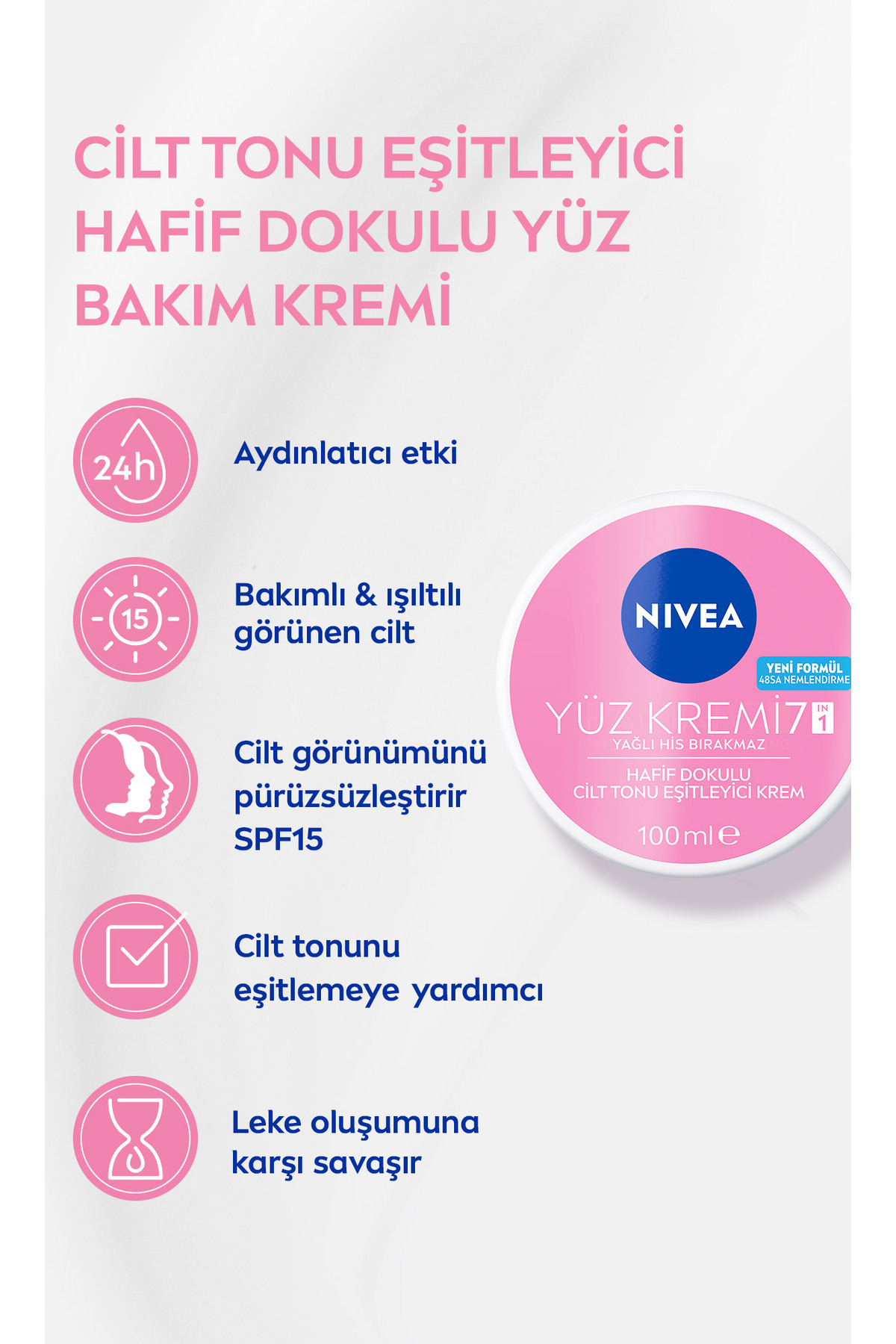 NIVEA Cilt Tonu Eşitleyici Yüz Kremi 100ml, SPF15 Güneş Koruyucu, 48 Saat Nemlendirici, Koyu Leke Görünümü - Görsel 2