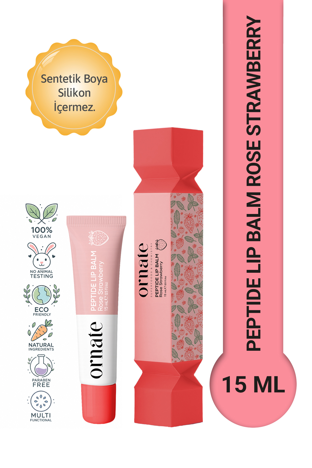 ORNATE Peptide Lip Balm Rose Strawberry, Nemlendirici, Parlatıcı Lip Balm Çilek Ceramide Vitamin E 15mL