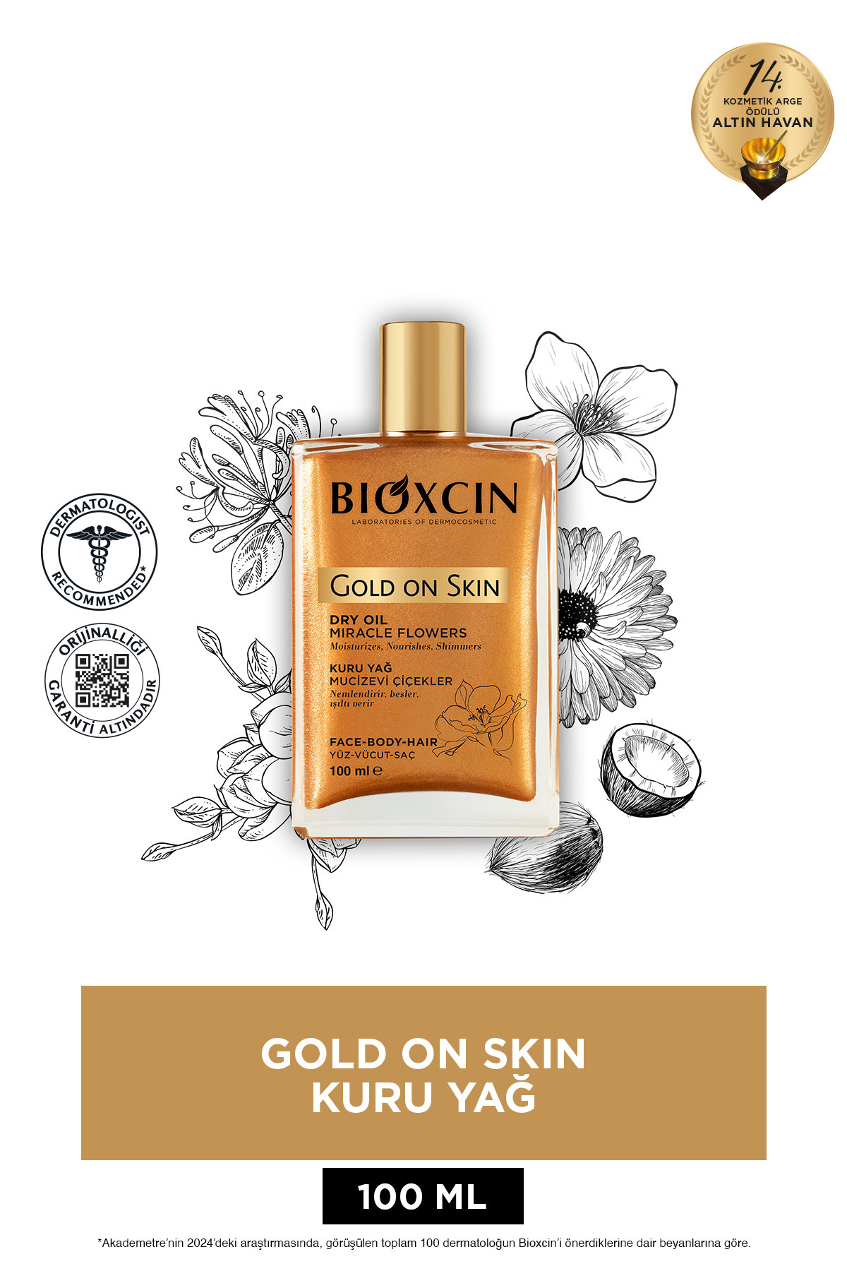 Bioxcin Gold On Skin Altın Parıltılı Kuru Yağ Saç Yüz Vücut Yağ Sprey 100 ml (Nemlendirir, Işıltı Verir)