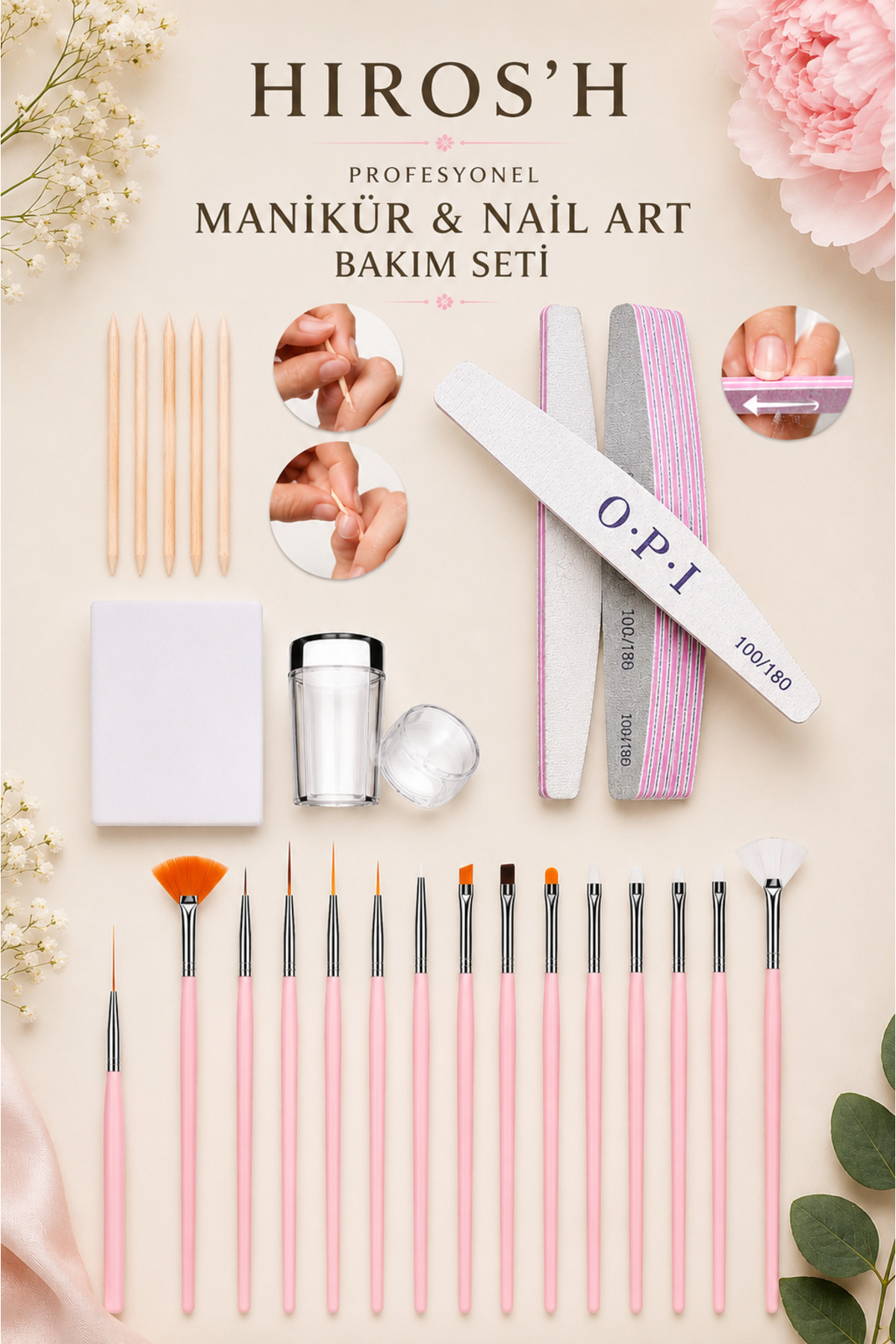 HİROS'H Professionel Kağıt Törpü 2 Adet 100/180 Nail Art Süsleme Seti Portakal Çubuğu ve French Aparatı