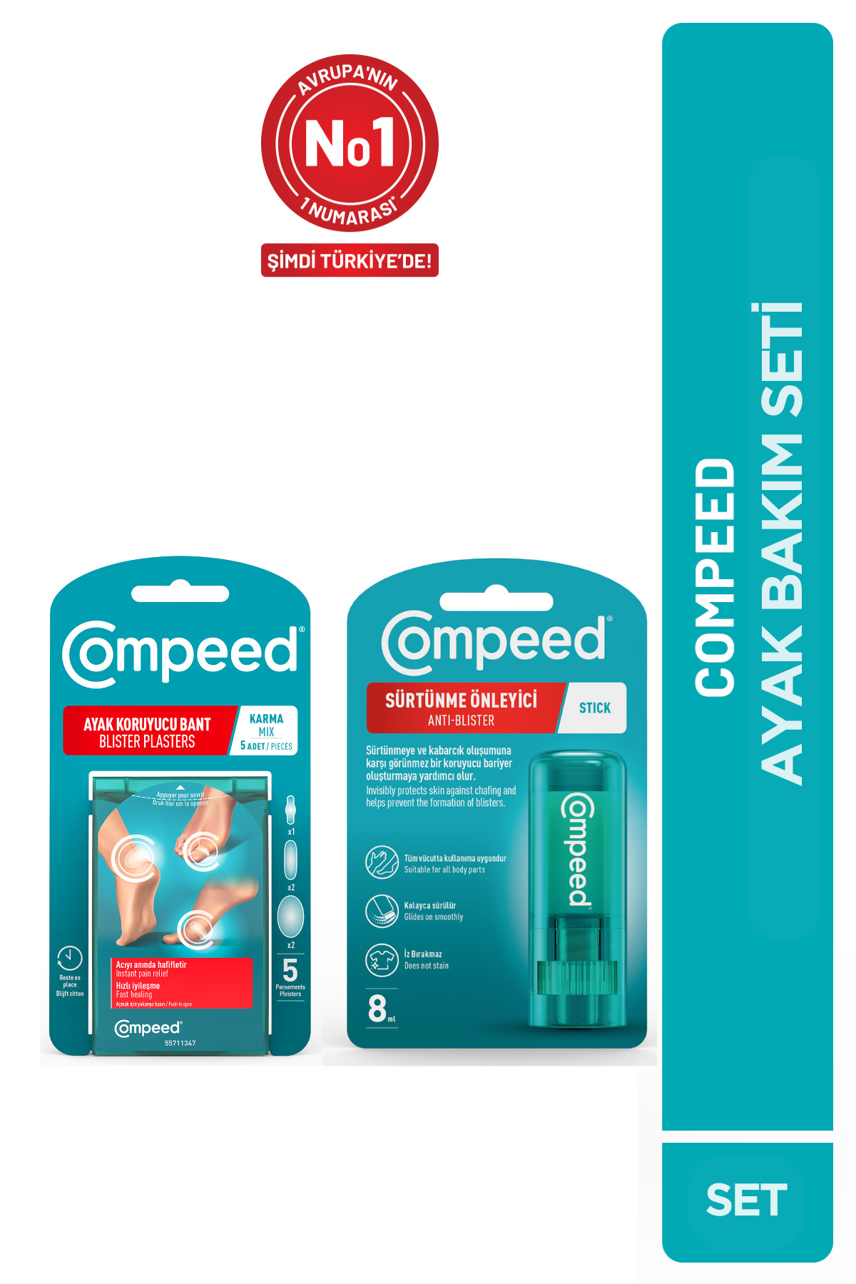 Compeed Sürtünme Önleyici Stick-Acıyı Hafifleten Hidrokolloid Ayak Koruma ve Yara Bandı Karma Set