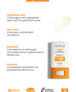 Sinoz SPF50+ Nemlendirici ve Yatıştırıcı Yüksek Korumalı Şeffaf Stick Güneş Kremi PA++++ 15 gr - Görsel 3