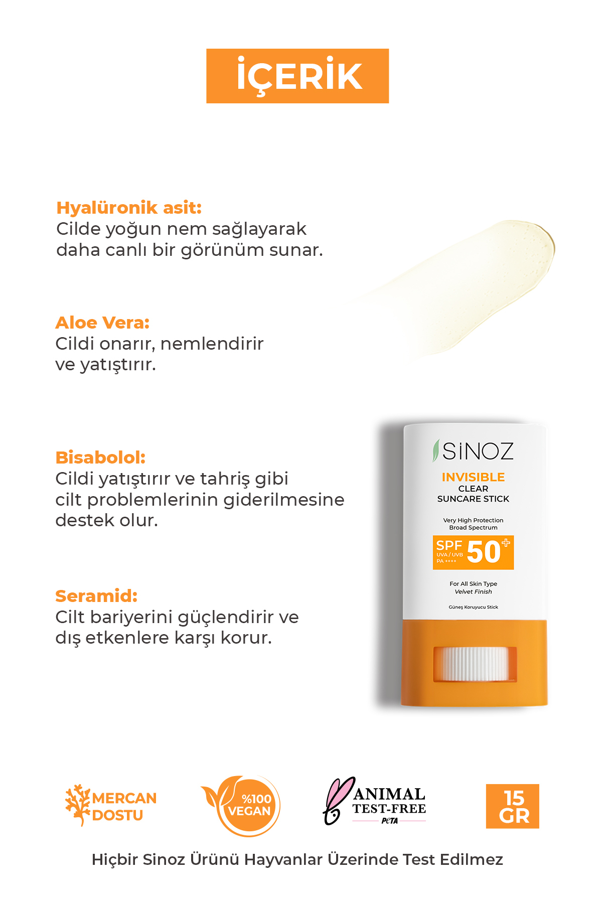Sinoz SPF50+ Nemlendirici ve Yatıştırıcı Yüksek Korumalı Şeffaf Stick Güneş Kremi PA++++ 15 gr - Görsel 3
