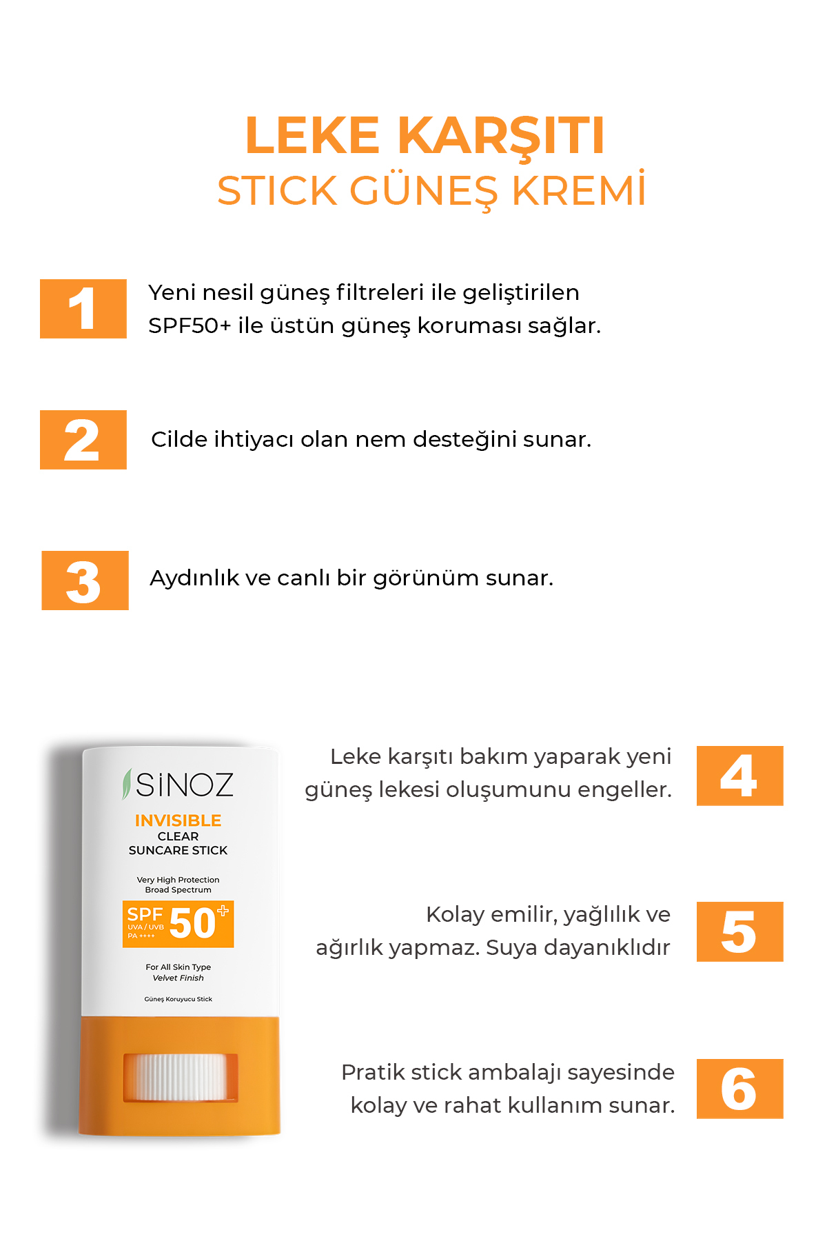 Sinoz SPF50+ Nemlendirici ve Yatıştırıcı Yüksek Korumalı Şeffaf Stick Güneş Kremi PA++++ 15 gr - Görsel 2