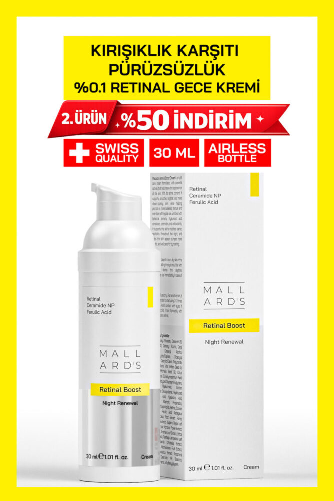 Mallards Retinal Boost %0.1 Retinal Gece Kremi 30 ml - Kırışıklık ve Leke Görünümü Karşıtı, Ceramide NP & Ferulik Asit