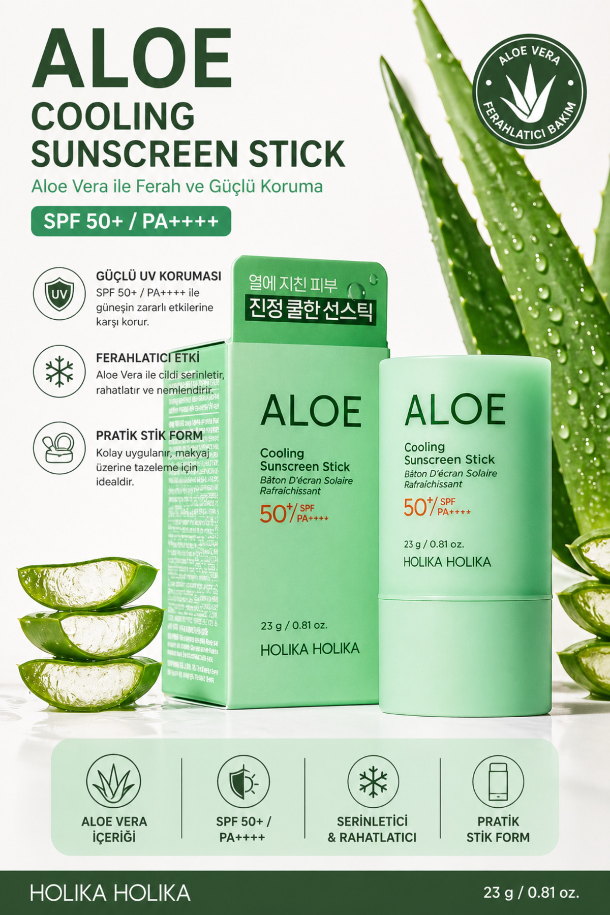 Holika Holika Aloe Cooling Sunscreen Stick SPF50+ PA(YÜKSEK UV KORUMALI STİK YÜZ GÜNEŞ KREMİ) 23g