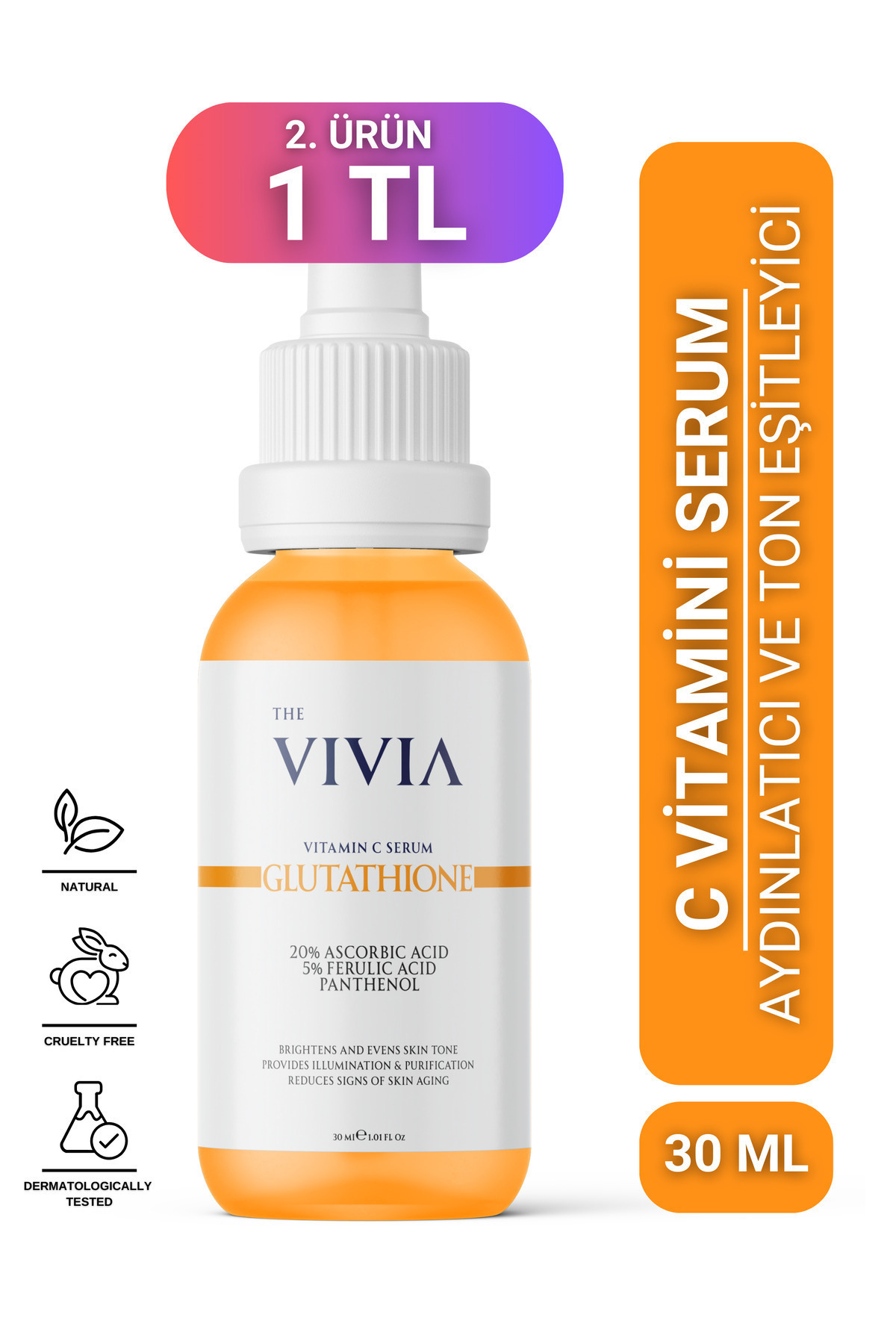 The Vivia Leke Karşıtı Aydınlatıcı C Vitamini Serum Glutatyon, Askorbik Asit, %5 Ferulik Asit 30 ml