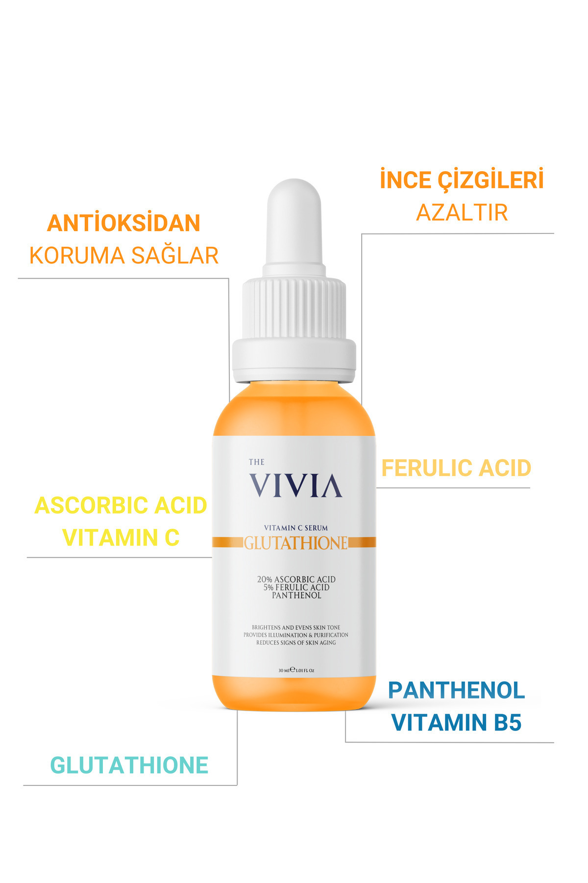 The Vivia Leke Karşıtı Aydınlatıcı C Vitamini Serum Glutatyon, Askorbik Asit, %5 Ferulik Asit 30 ml - Görsel 3