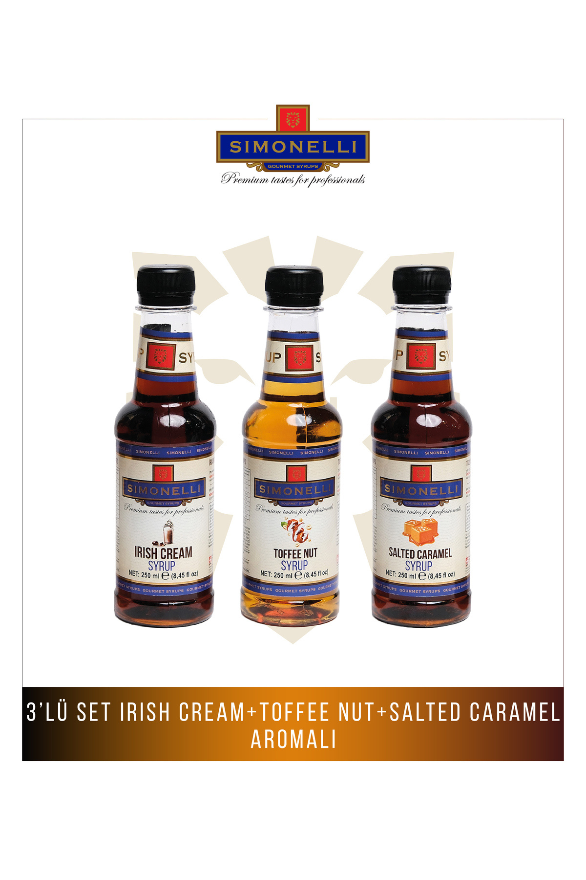 Simonelli Aromalı Şurup Seti 3x250 ml Kahve ve Kokteyl Şurubu Toffenut, Tuzlu Karamel ve Irish Cream Aromalı