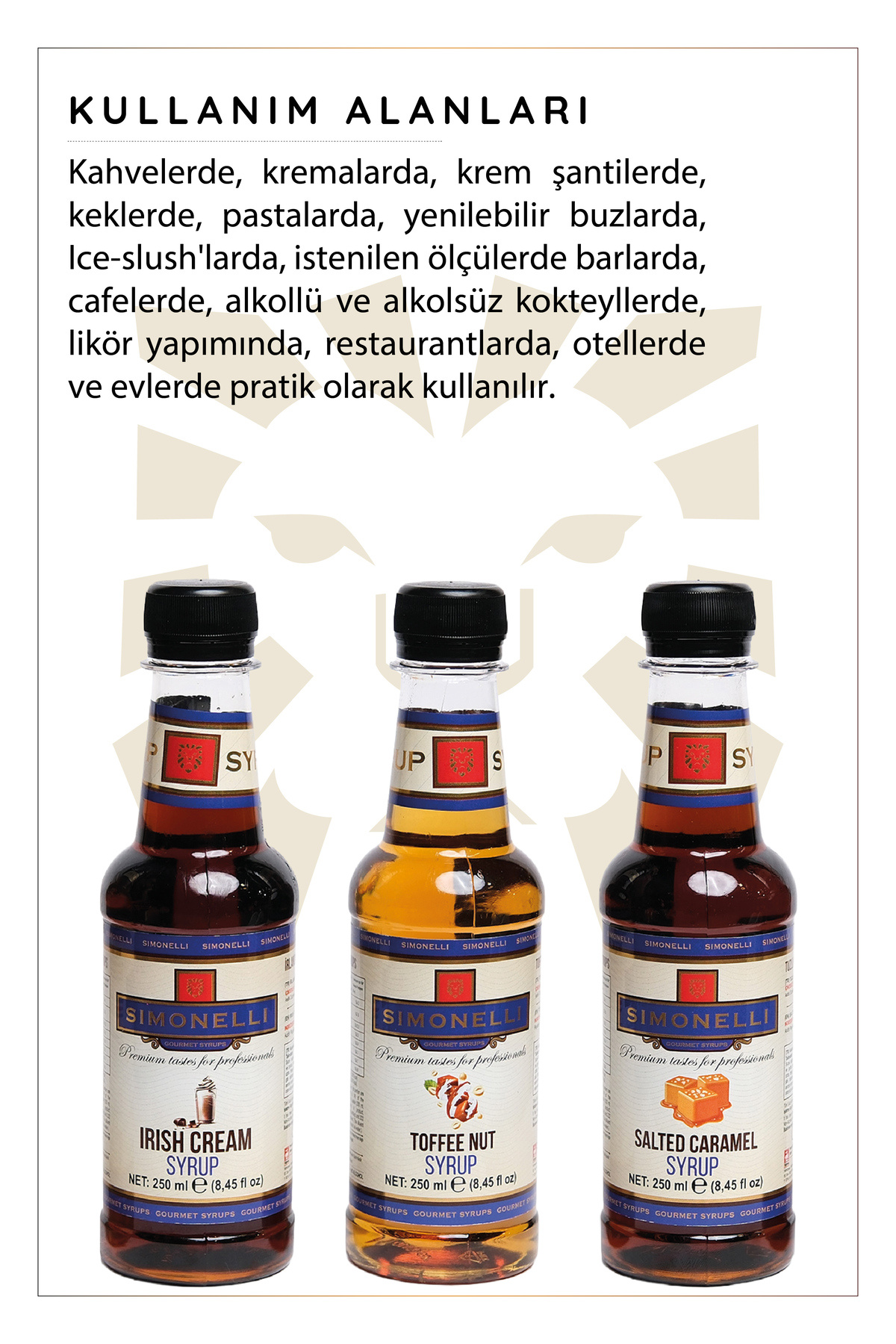 Simonelli Aromalı Şurup Seti 3x250 ml Kahve ve Kokteyl Şurubu Toffenut, Tuzlu Karamel ve Irish Cream Aromalı - Görsel 2