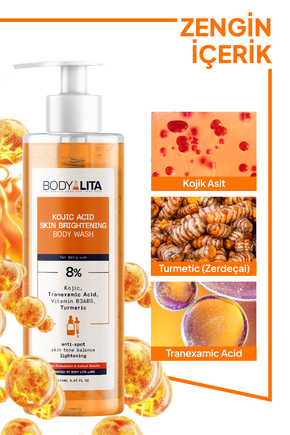 bodylita Kojik Asit Kararma Ve Cilt Aydınlatıcı Vücut Şampuanı, %8 Kojic Acid Serum Etkili Duş Jeli - Görsel 2