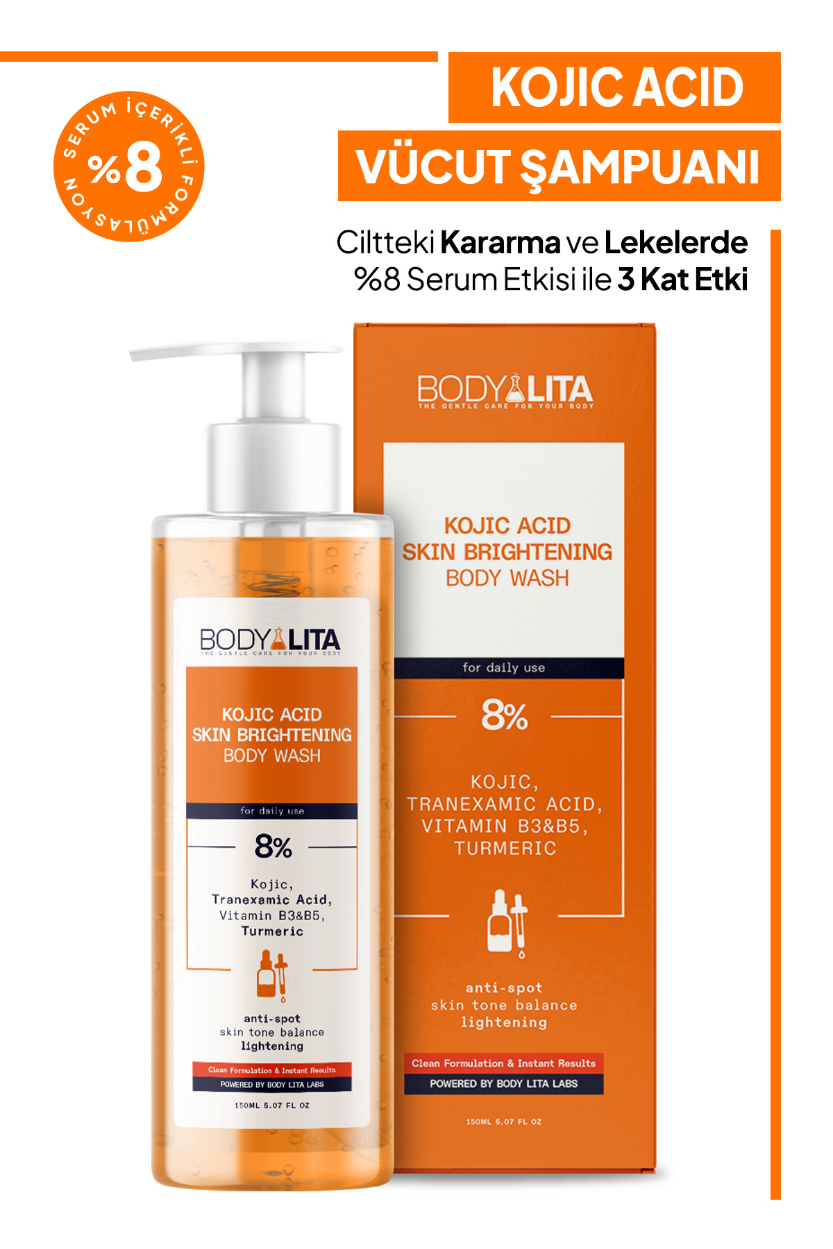 bodylita Kojik Asit Kararma Ve Cilt Aydınlatıcı Vücut Şampuanı, %8 Kojic Acid Serum Etkili Duş Jeli