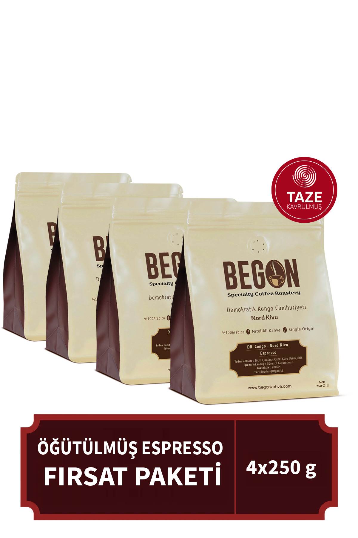 BEGON Nord Kivu Premium Espresso (ÖĞÜTÜLMÜŞ) Kahve Fırsat Paketi 250g x 4 Adet