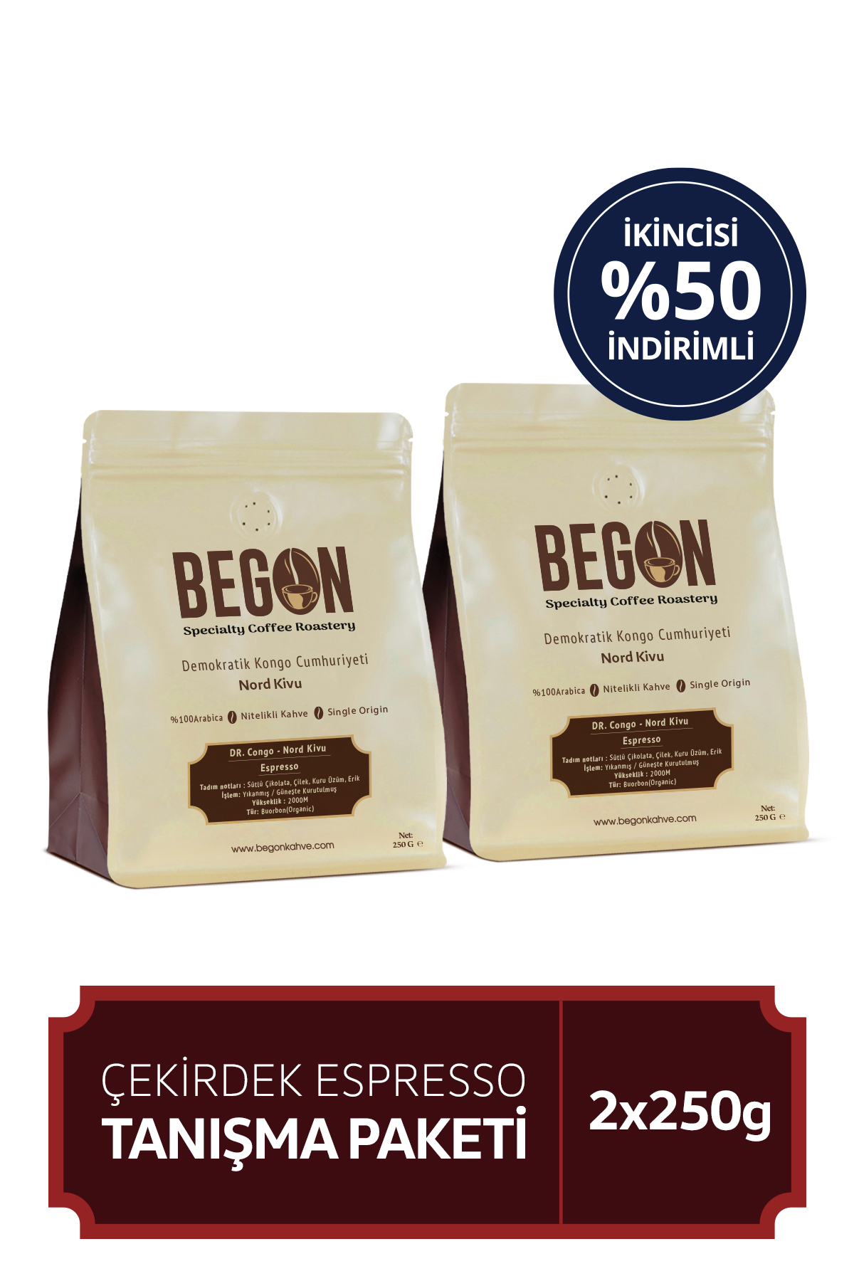 BEGON Nord Kivu Premium Espresso (ÇEKİRDEK) Kahve Tanışma Paketi 250g x 2 Adet