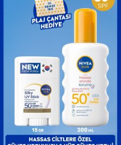 NIVEA SUN SPF50+ Hassas Güneş Koruyucu Vücut Spreyi 200ml ve Kore Stick Yüz Kremi, Plaj Çantası Hediye