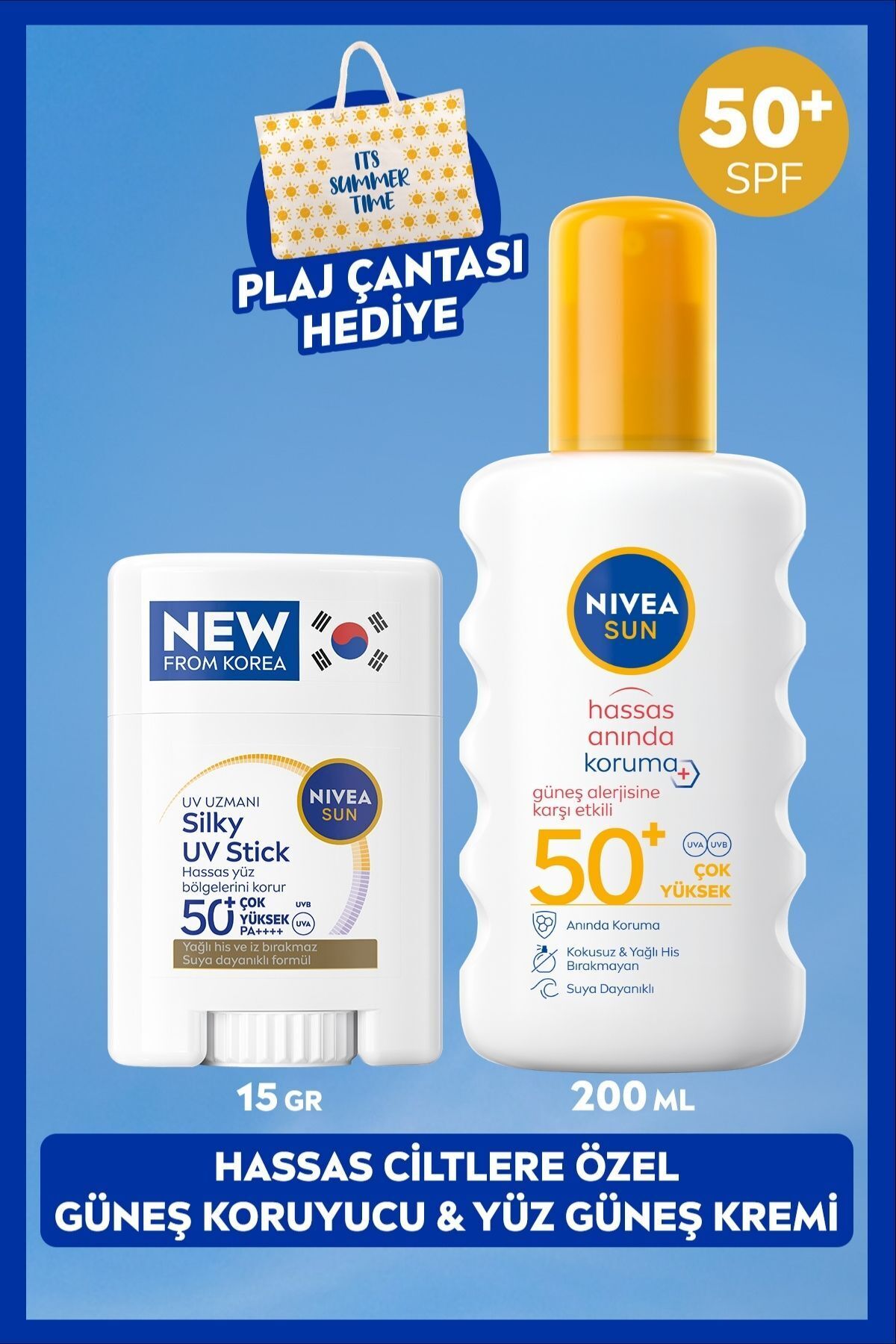 NIVEA SUN SPF50+ Hassas Güneş Koruyucu Vücut Spreyi 200ml ve Kore Stick Yüz Kremi, Plaj Çantası Hediye