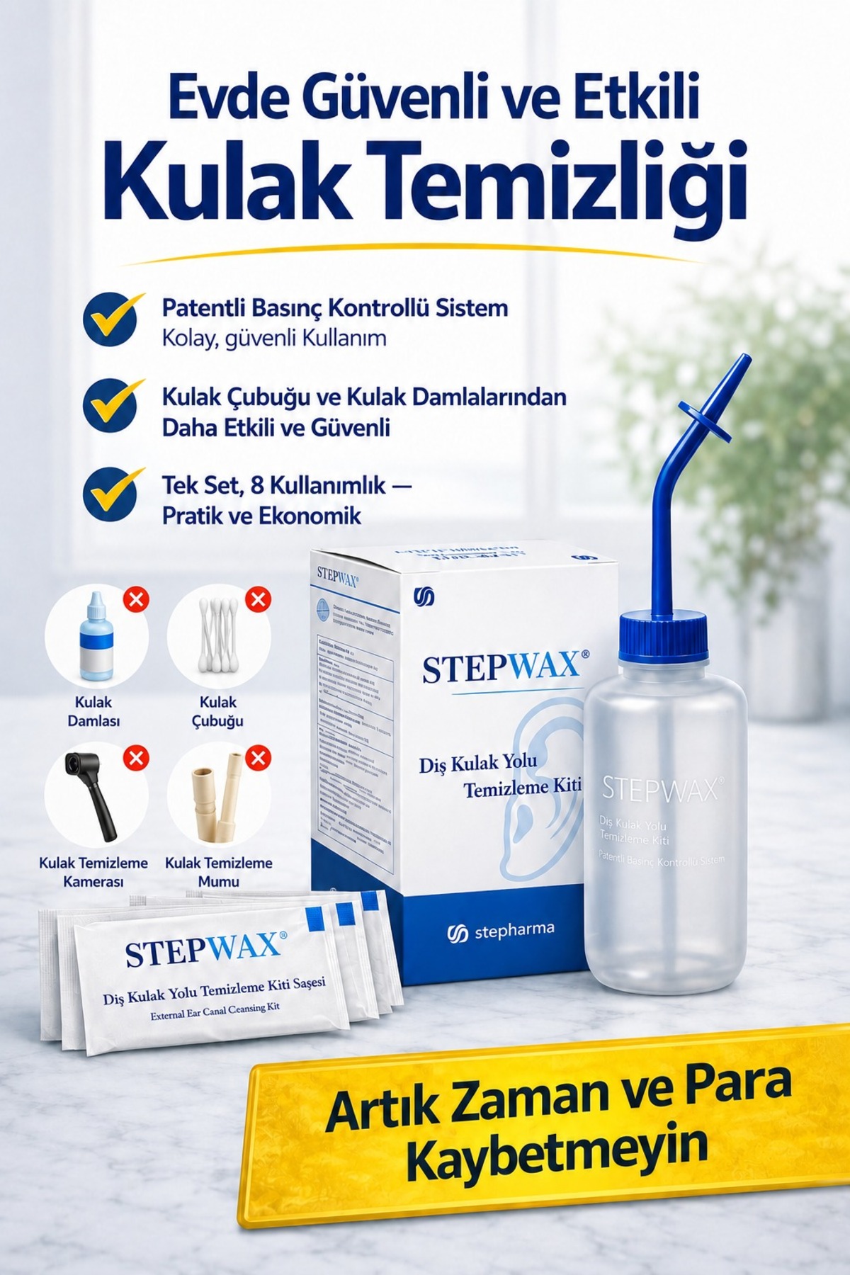 STEPHARMA Stepwax Kulak Kiri Temizleme Seti - Güvenli, Patentli Çözüm (Kulak Çubuğu/Damlası/Mumu/Kamerası Alternatifi)