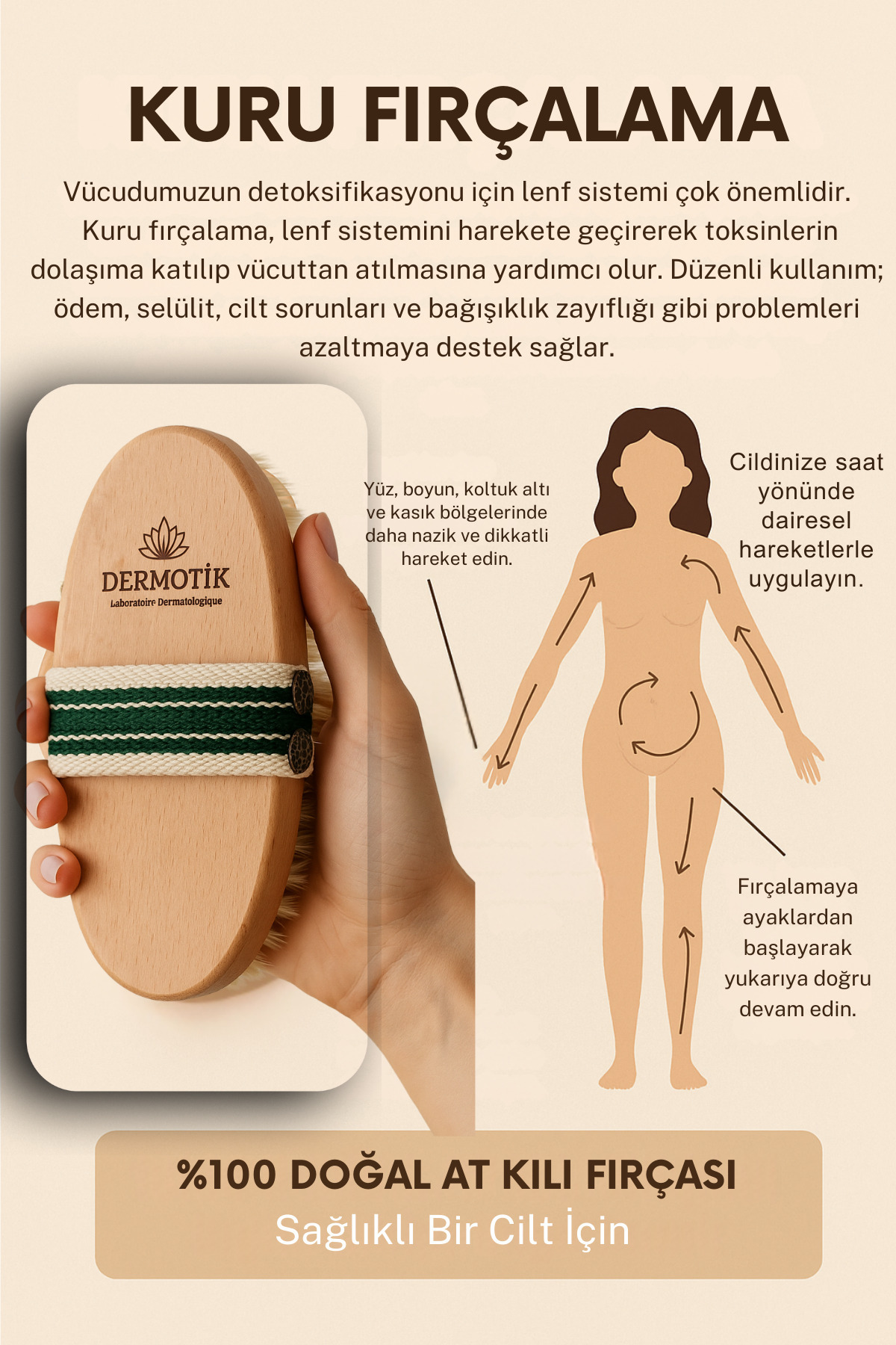 Dermotik 0 Doğal At Kılı Fırçası – Selülit ve Çatlak Karşıtı & Kuru Fırçalama, Cilt Sıkılaştırıcı Fırça - Görsel 3