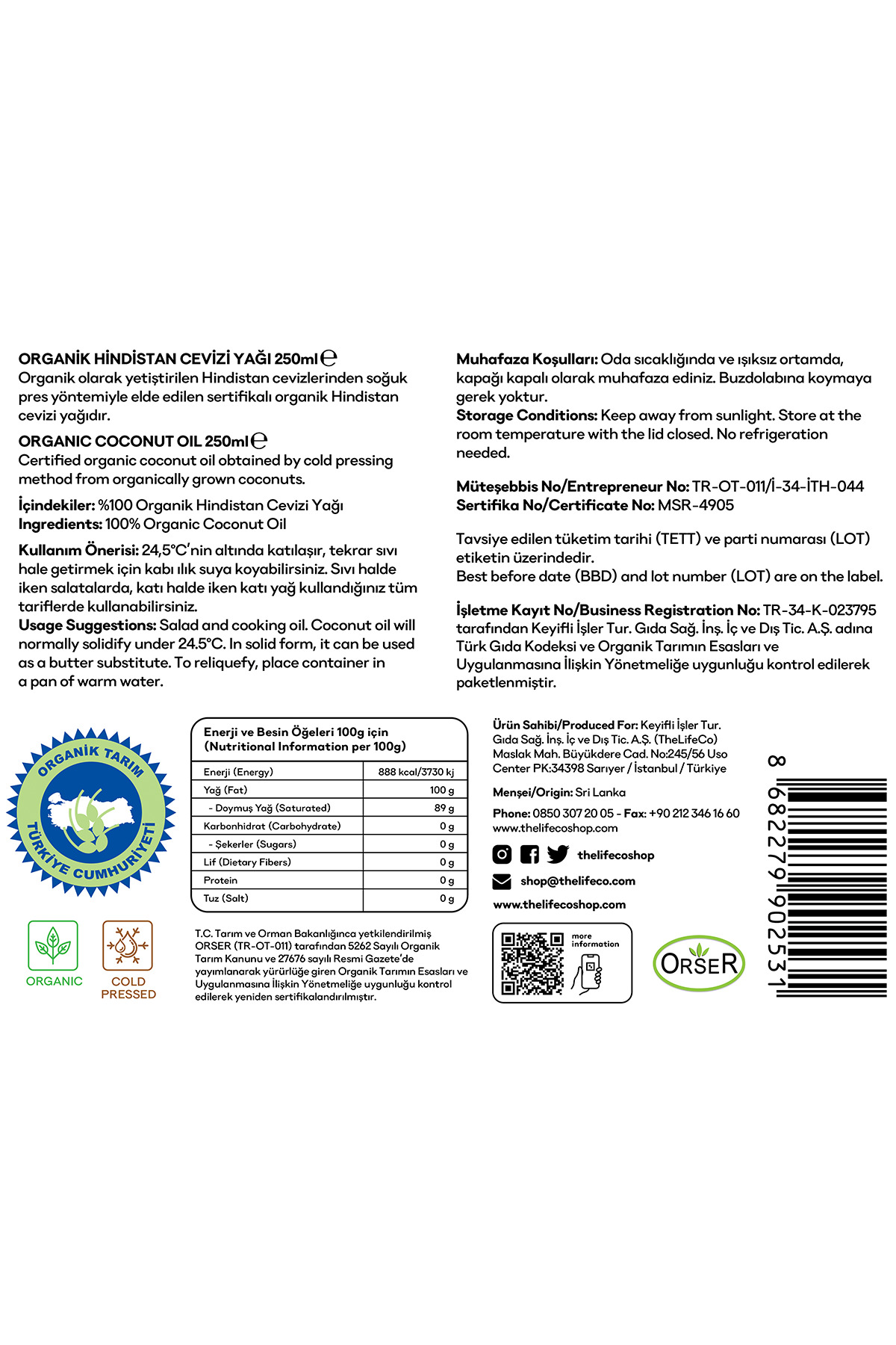 TheLifeCo Organik, Soğuk Sıkım Hindistan Cevizi Yağı 250 Ml X 2 Adet - Görsel 2