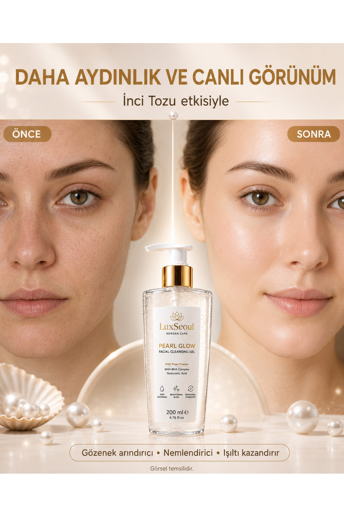 luxSEOUL İnci Tozlu Aydınlatıcı Nemlendirici Gözenek Sıkılaştırıcı Arındırıcı Yüz Temizleme Jeli 200 ml - Görsel 2