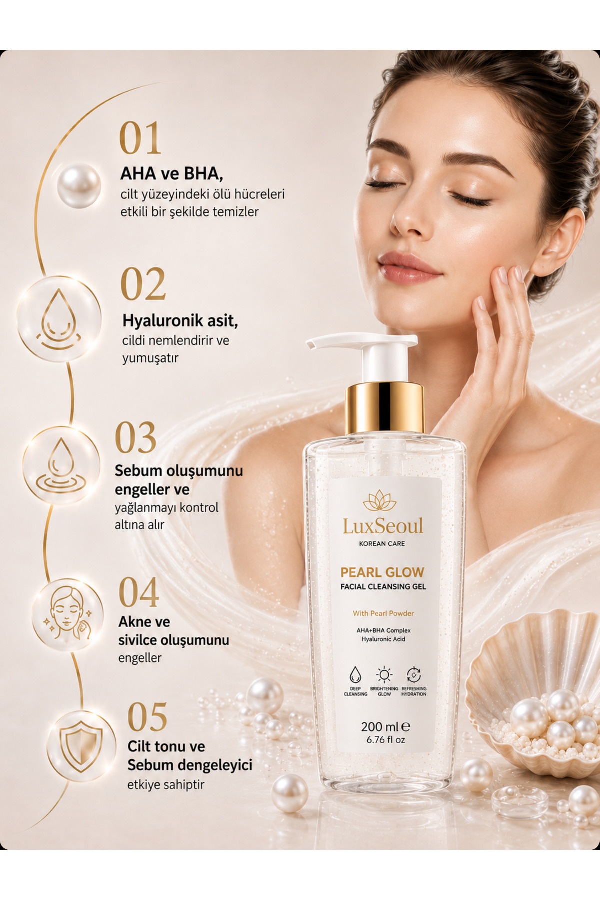 luxSEOUL İnci Tozlu Aydınlatıcı Nemlendirici Gözenek Sıkılaştırıcı Arındırıcı Yüz Temizleme Jeli 200 ml - Görsel 3